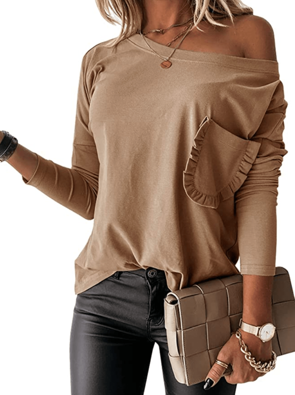 Vermisse Women's Boat Neck Ruffle Trim Front Pocket Shirt