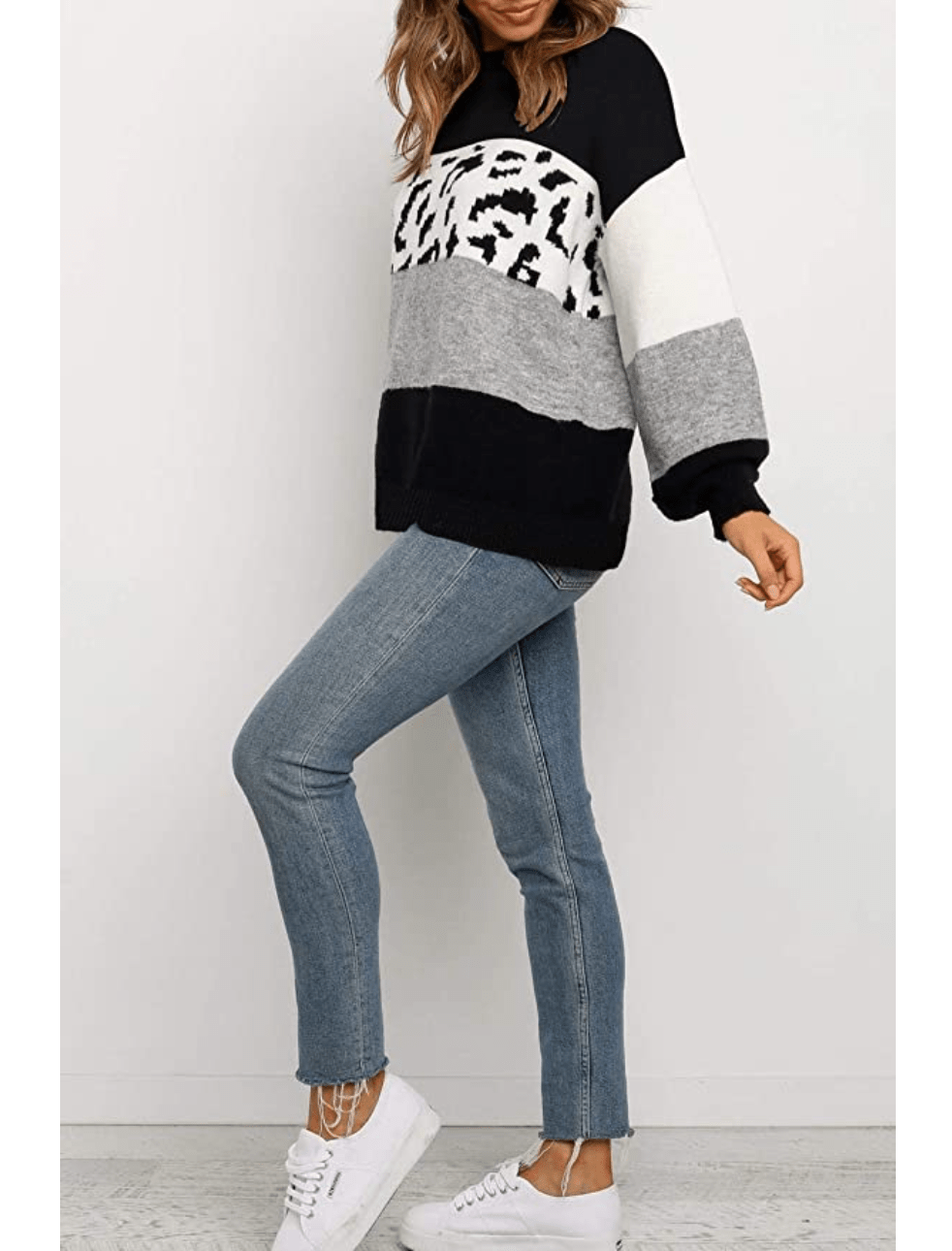 ZESICA Women's Striped Leopard Printed Long Sleeve Color Block Casual Knitted Pullover Sweater