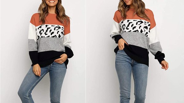 ZESICA Women's Striped Leopard Printed Long Sleeve Color Block Casual Knitted Pullover Sweater