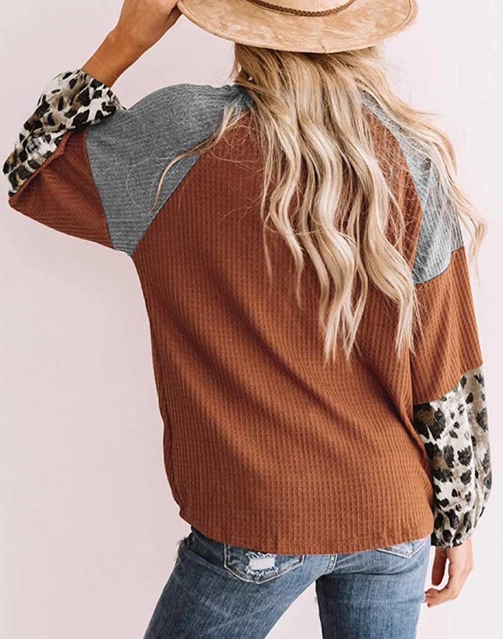 ROSKIKI Leopard Long-Sleeve Waffle Knit Orange Twist Knot Loose Shirt