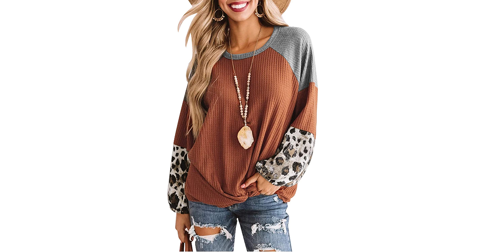 ROSKIKI Leopard Long-Sleeve Waffle Knit Orange Twist Knot Loose Shirt