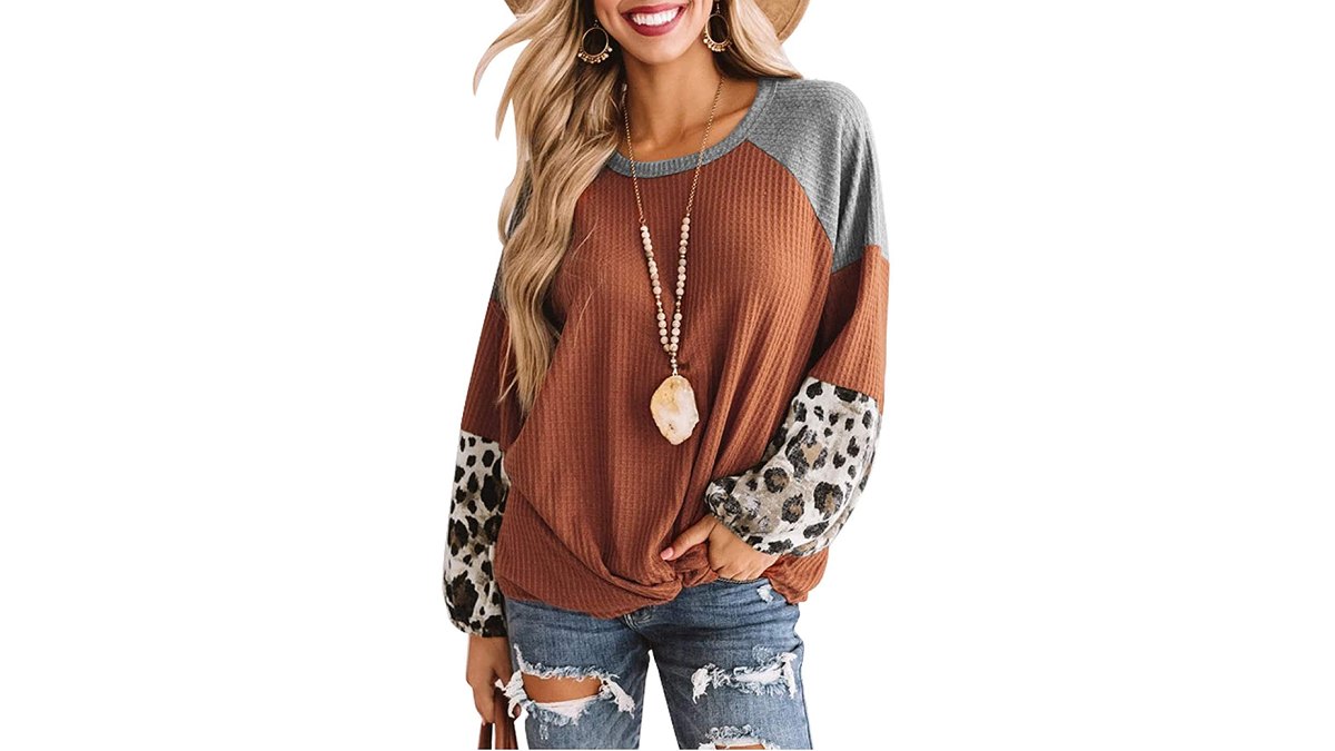 ROSKIKI Leopard Long-Sleeve Waffle Knit Orange Twist Knot Loose Shirt