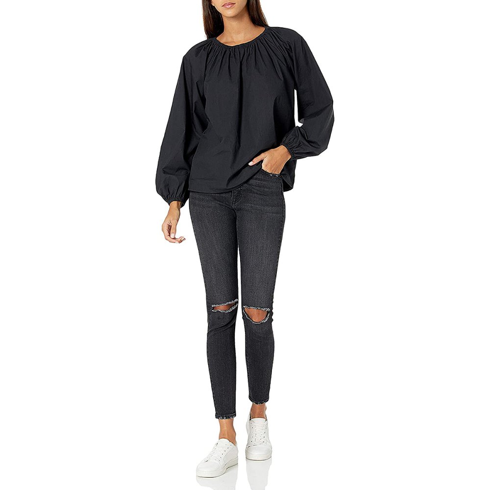 The Drop Florence Loose Fathered Neck Balloon-Sleeve Poplin Top