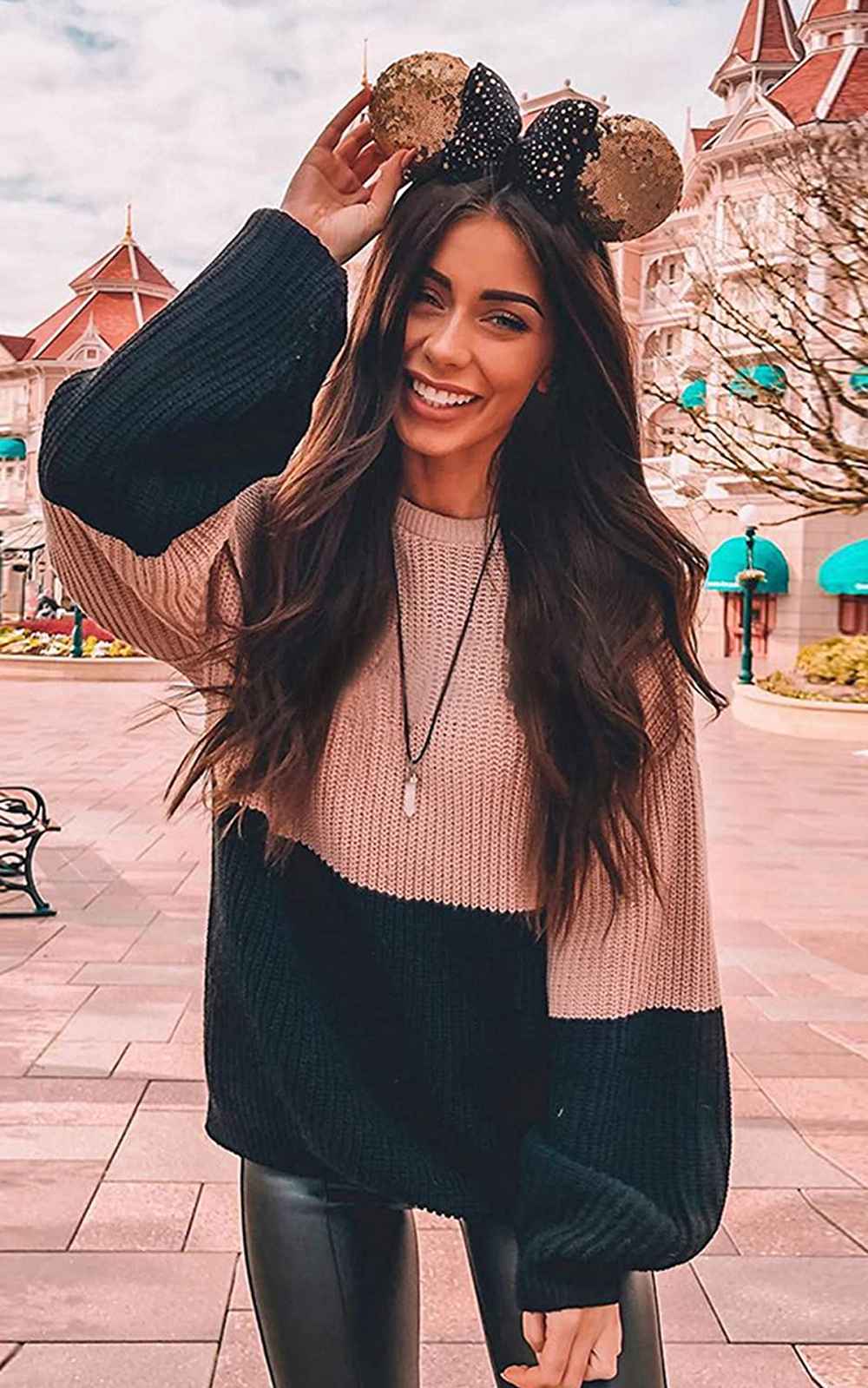 Angashion Oversized Chunky Knit Color-Block Pullover Sweater