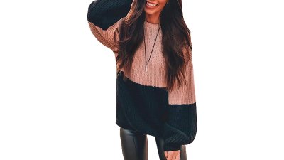 Angashion Oversized Chunky Knit Color-Block Pullover Sweater