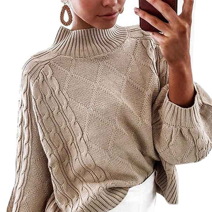 Choies Mock Turtleneck Lantern-Sleeve Cable-Knit Pullover Sweater