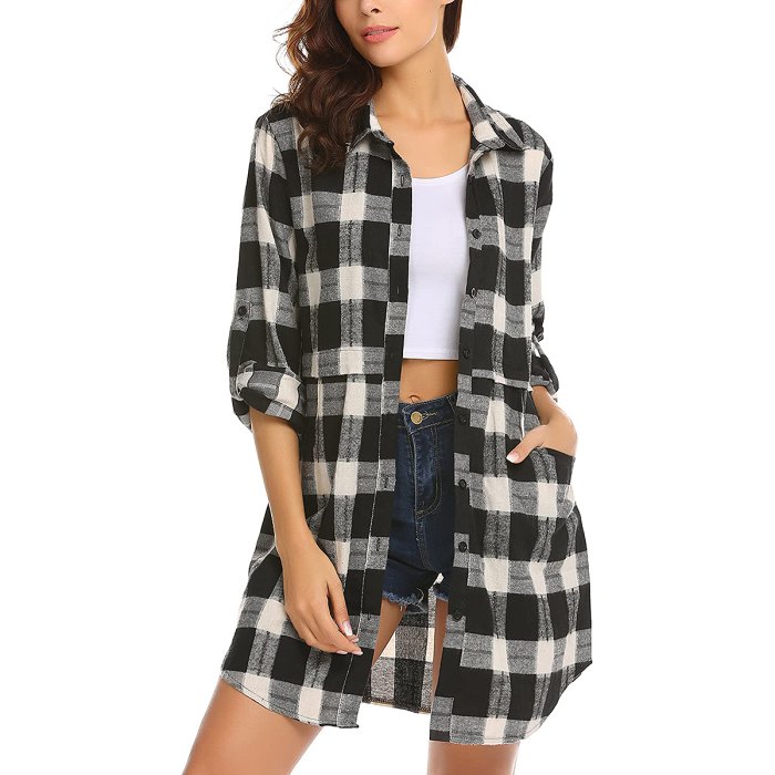 HOTOUCH Flannel Plaid Mid-Long Casual Boyfriend Shirt
