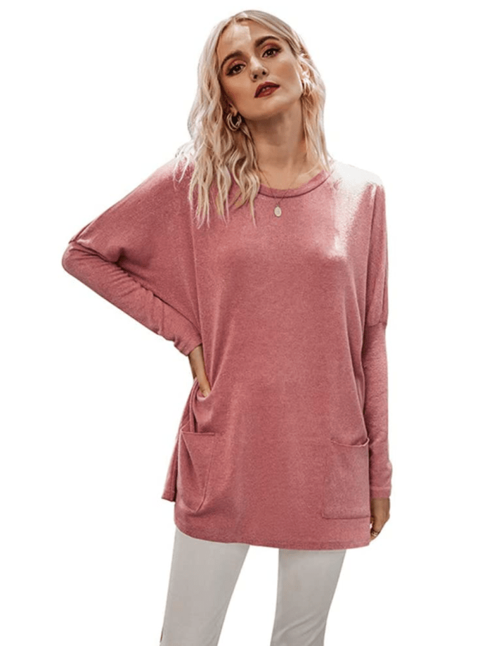zenicham Women's Long Sleeve Tunic Round Neck Pocket Sweatshirt Top