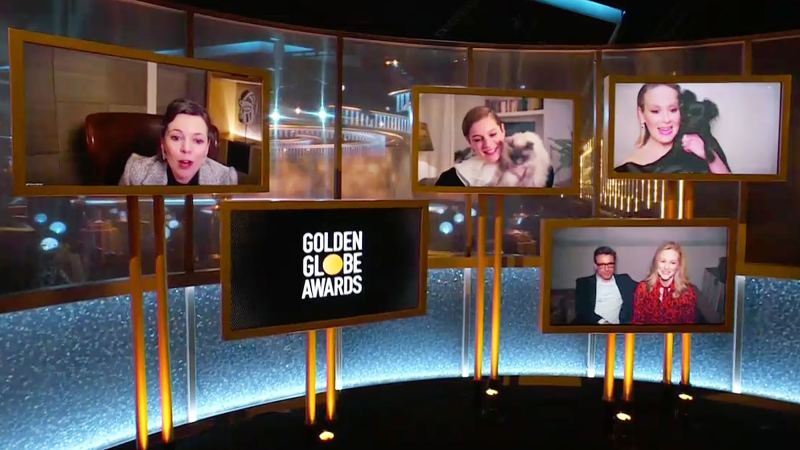 Emma Corrin and her cat Inside Celebrity Homes at the Golden Globes 2021