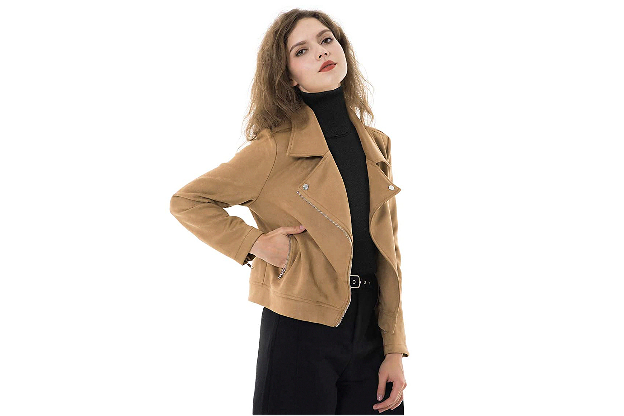 Apperloth Faux Suede Long Sleeve Zipper Short Moto Biker Jacket