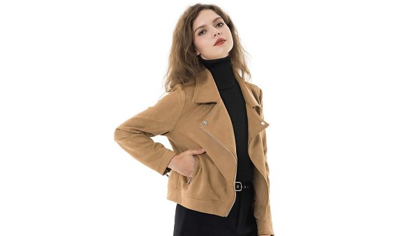 Apperloth Faux Suede Long Sleeve Zipper Short Moto Biker Jacket