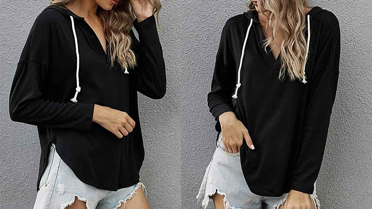 Azokoe Women's Lightweight Drawstring V Neck Hoodie Sweatshirt