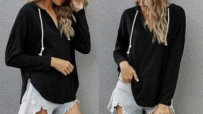 Azokoe Women's Lightweight Drawstring V Neck Hoodie Sweatshirt