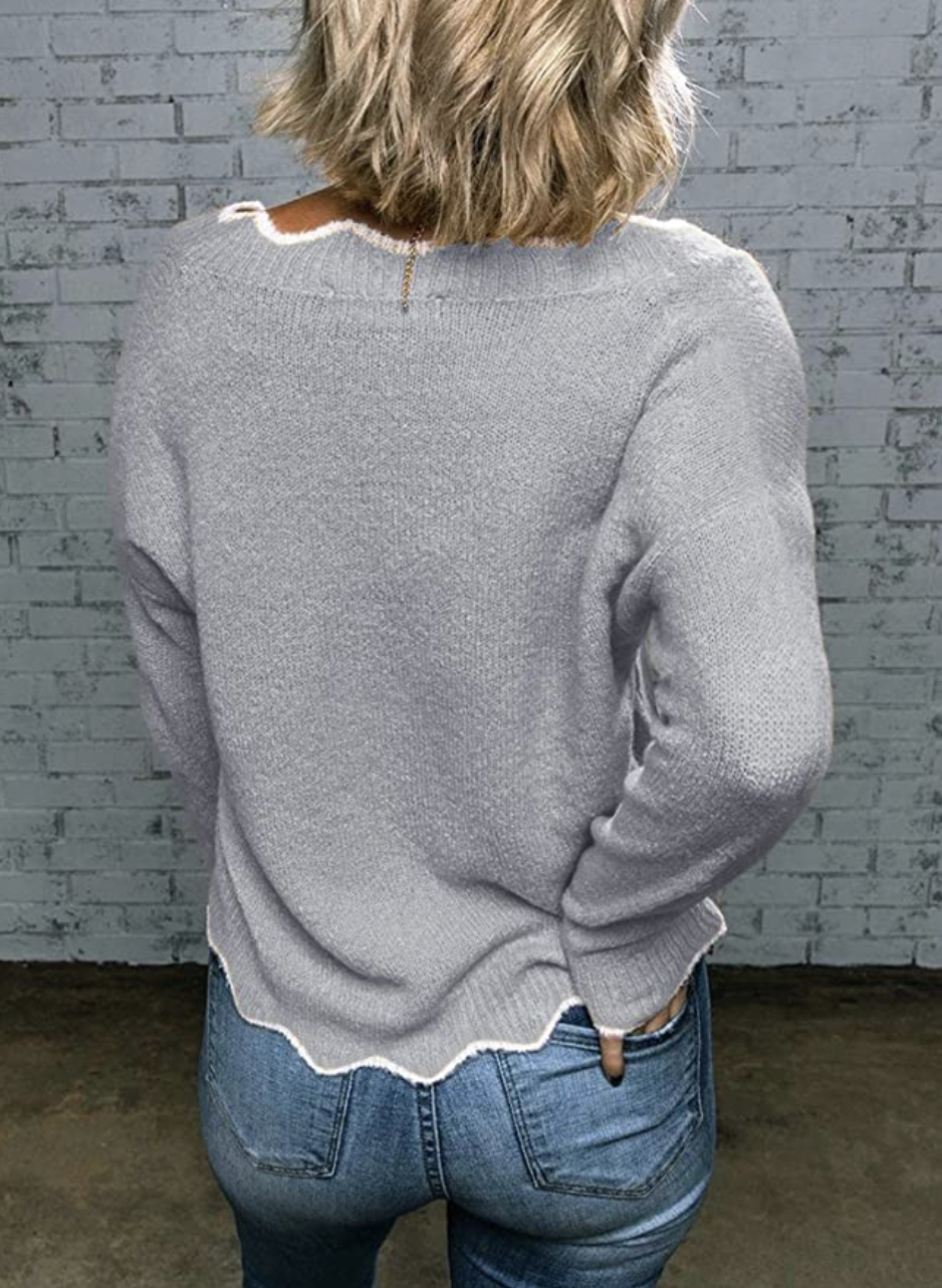 Biucly Women's Casual Wavy V Neck Long Sleeve Sweater