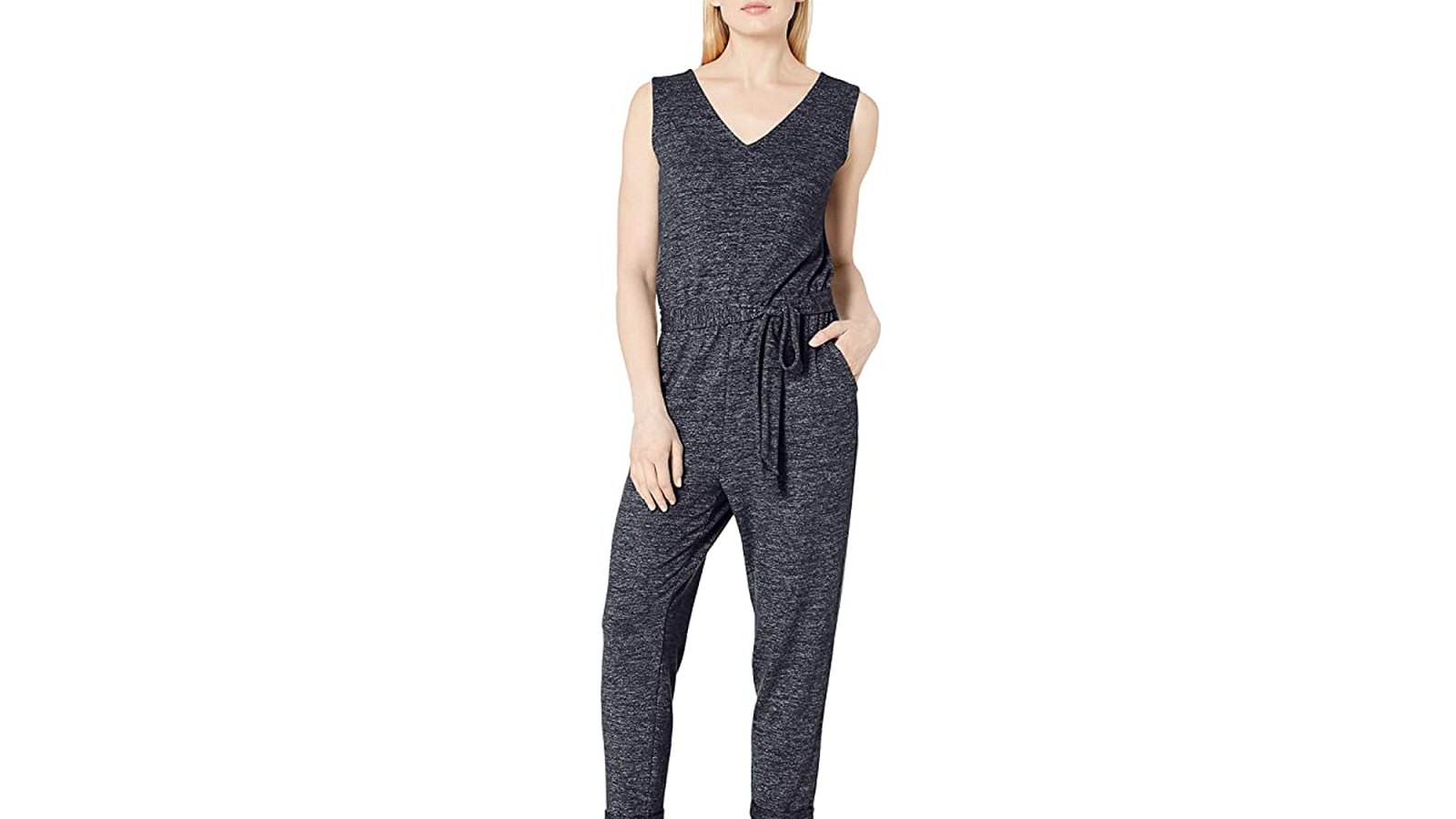 Daily Ritual Women's Cozy Knit Relaxed-Fit Sleeveless Tie-Waist Jumpsuit