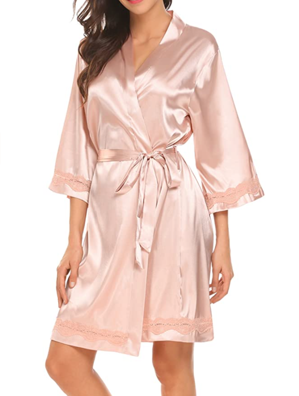 Ekouaer Women's Lace-Trim Kimono Style Short Satin Robe