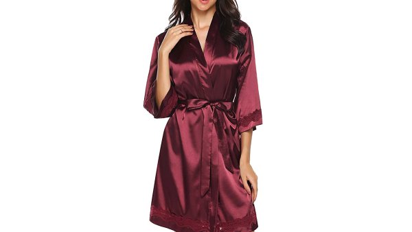 Ekouaer Women's Lace-Trim Kimono Style Short Satin Robe