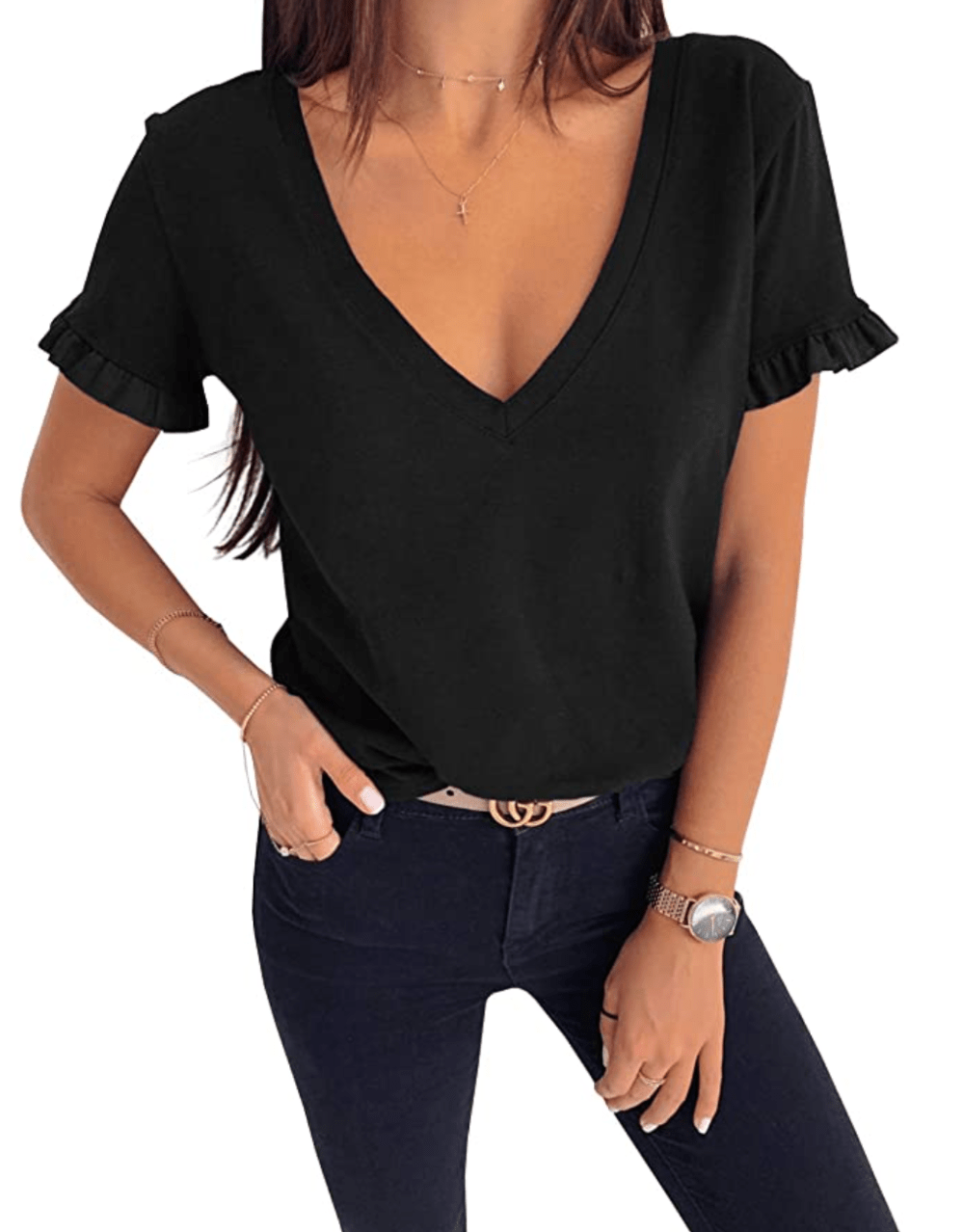 GAMISOTE Women's Ruffle Short Sleeve T Shirt Deep V Neck Top