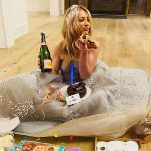 Kaley Cuoco Jokes About Golden Globes Loss With Pizza Champagne and Cake