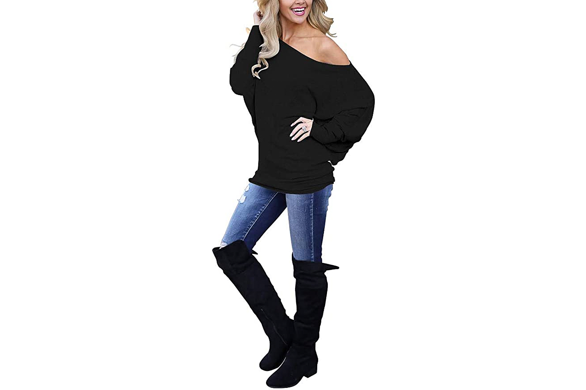 LACOZY Women's Off Shoulder Long Sleeve Oversized Pullover Knit Tunic Top