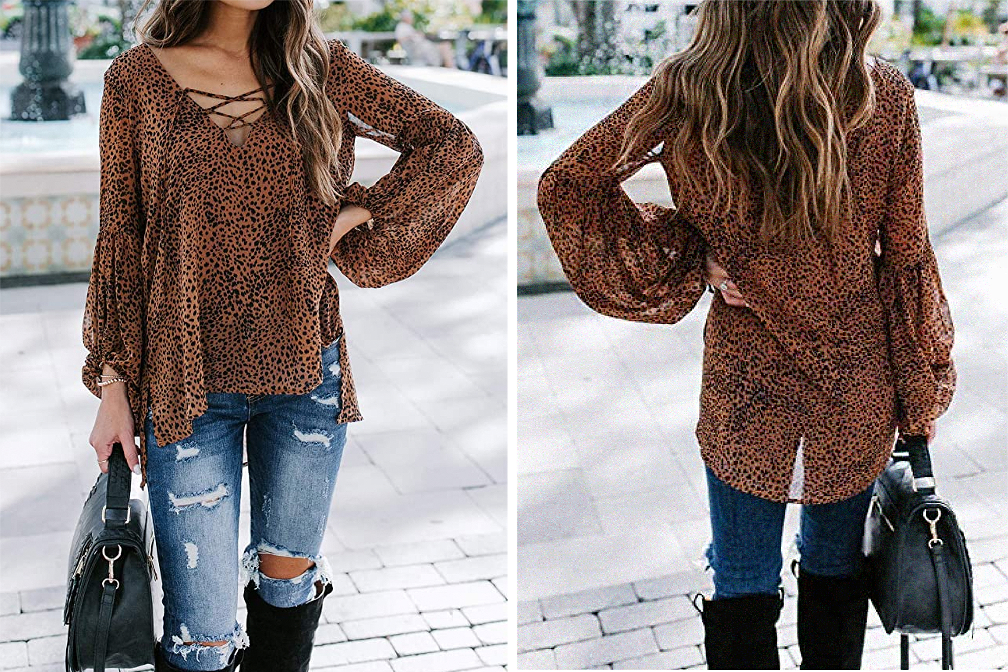 Lovezesent Women's Chiffon Boho V-Neck Lantern Sleeve Blouse