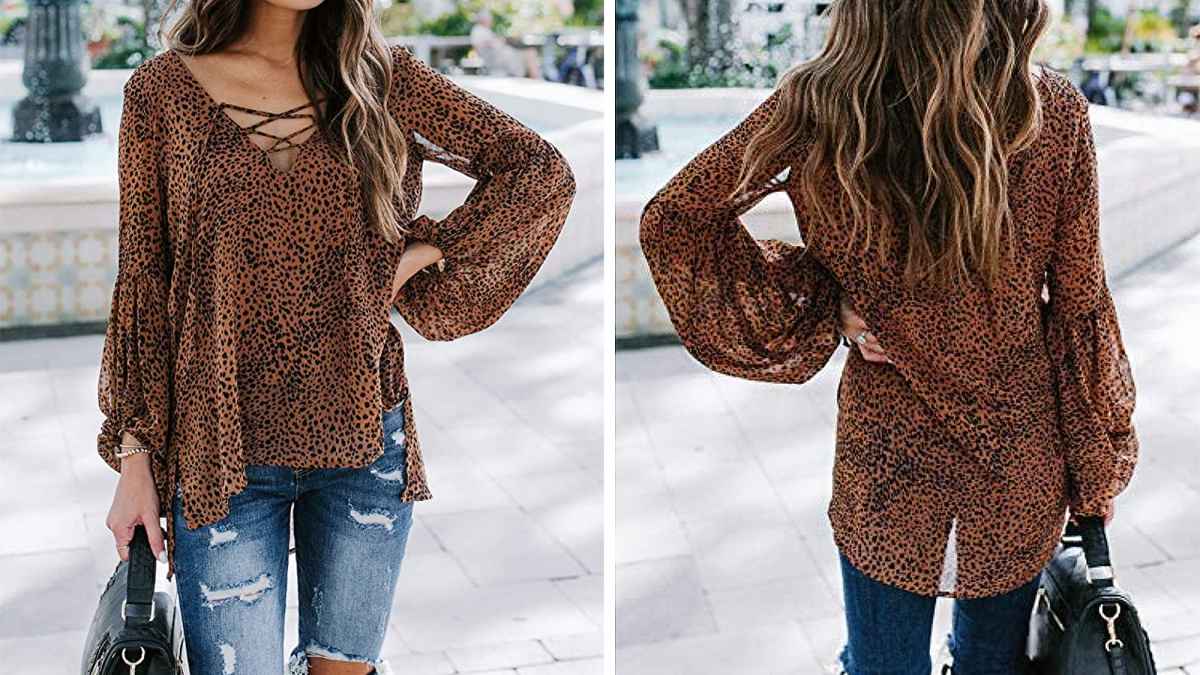 Lovezesent Women's Chiffon Boho V-Neck Lantern Sleeve Blouse