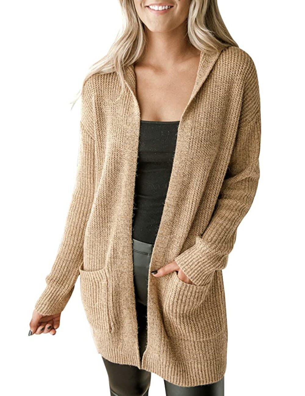 MEROKEETY Women's Open Front Long Sleeve Knit Hooded Cardigan Sweater