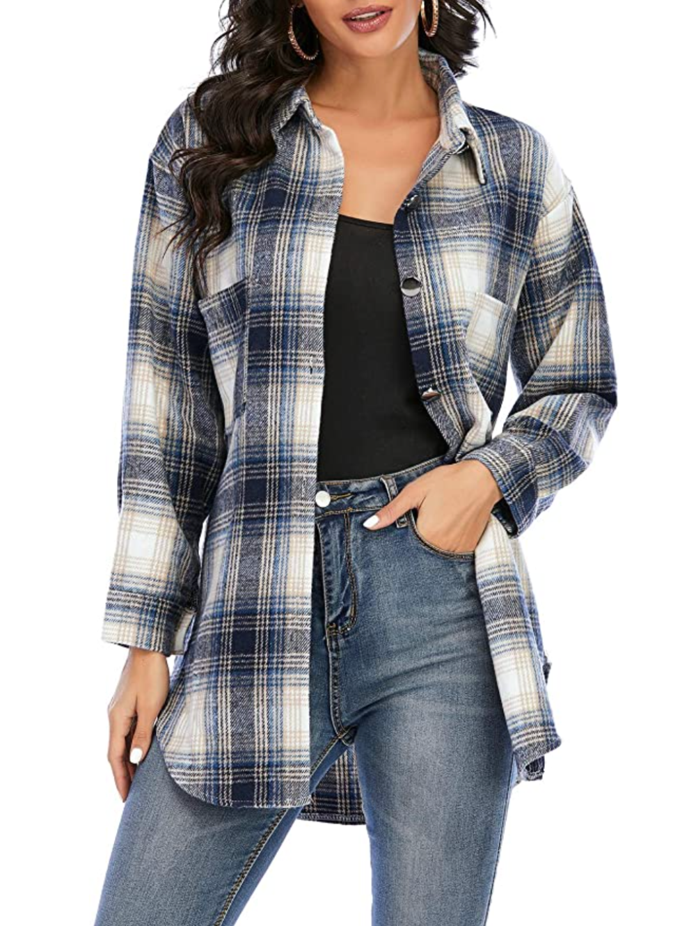 Meceku Women's Flannel Plaid Casual Button-Down Shirts with Pockets