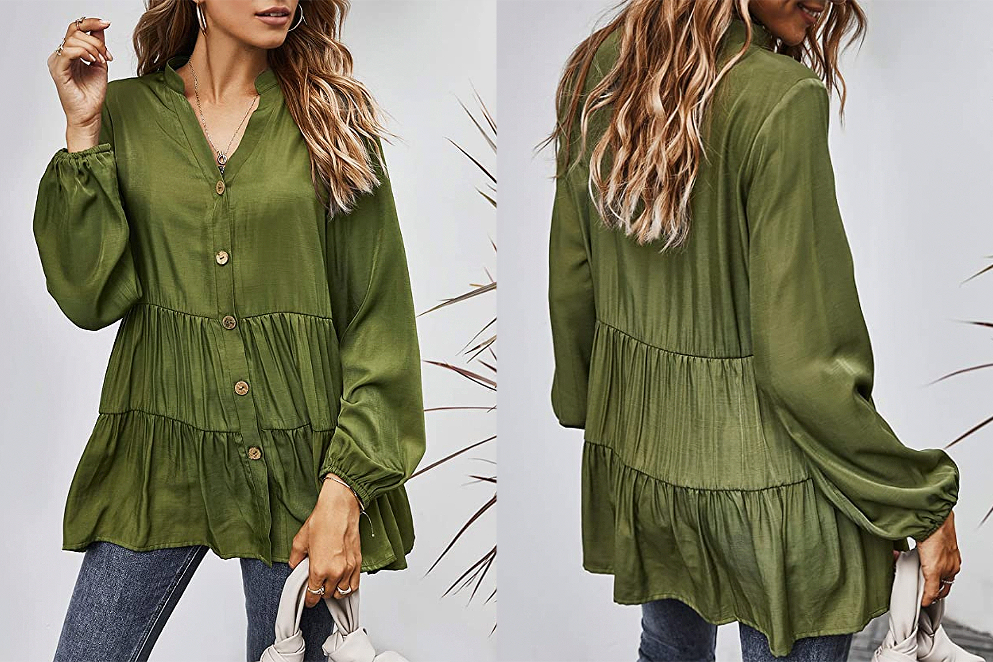 MissyLife Women's Loose Fit V Neck Babydoll Button Down Ruffle Hem Tunic Top