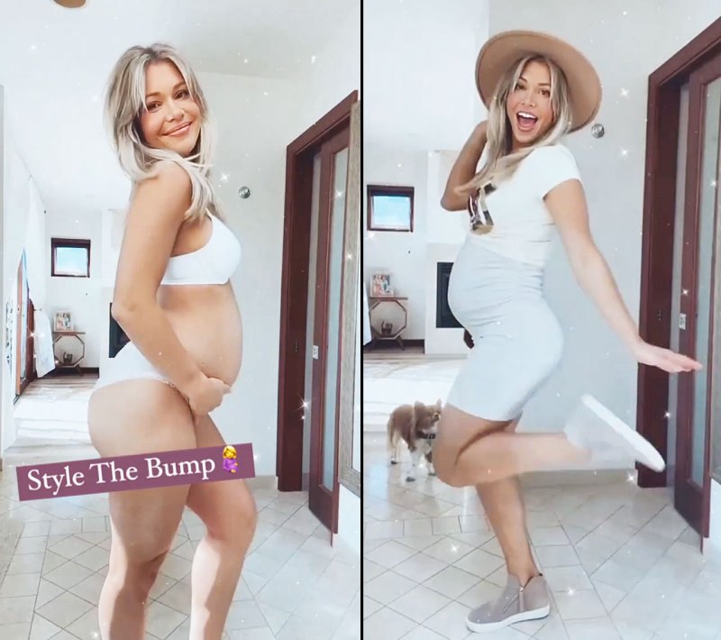Pregnant Krystal Nielson in a white bra and matching underwear and simple outfit