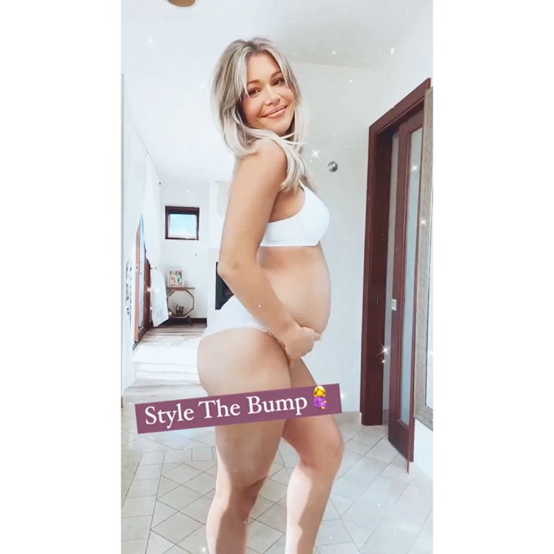 Pregnant Krystal Nielson in a white bra and matching underwear