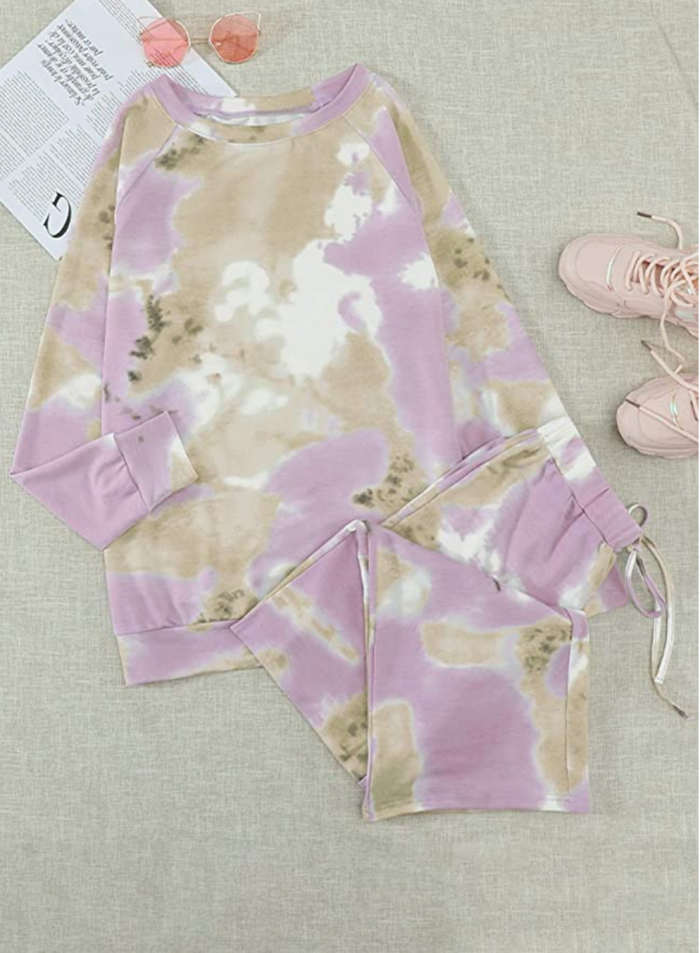 ROSKIKI Conjunto de pijama de 2 piezas con efecto tie dye para mujer, jersey de manga larga con pantalón largo