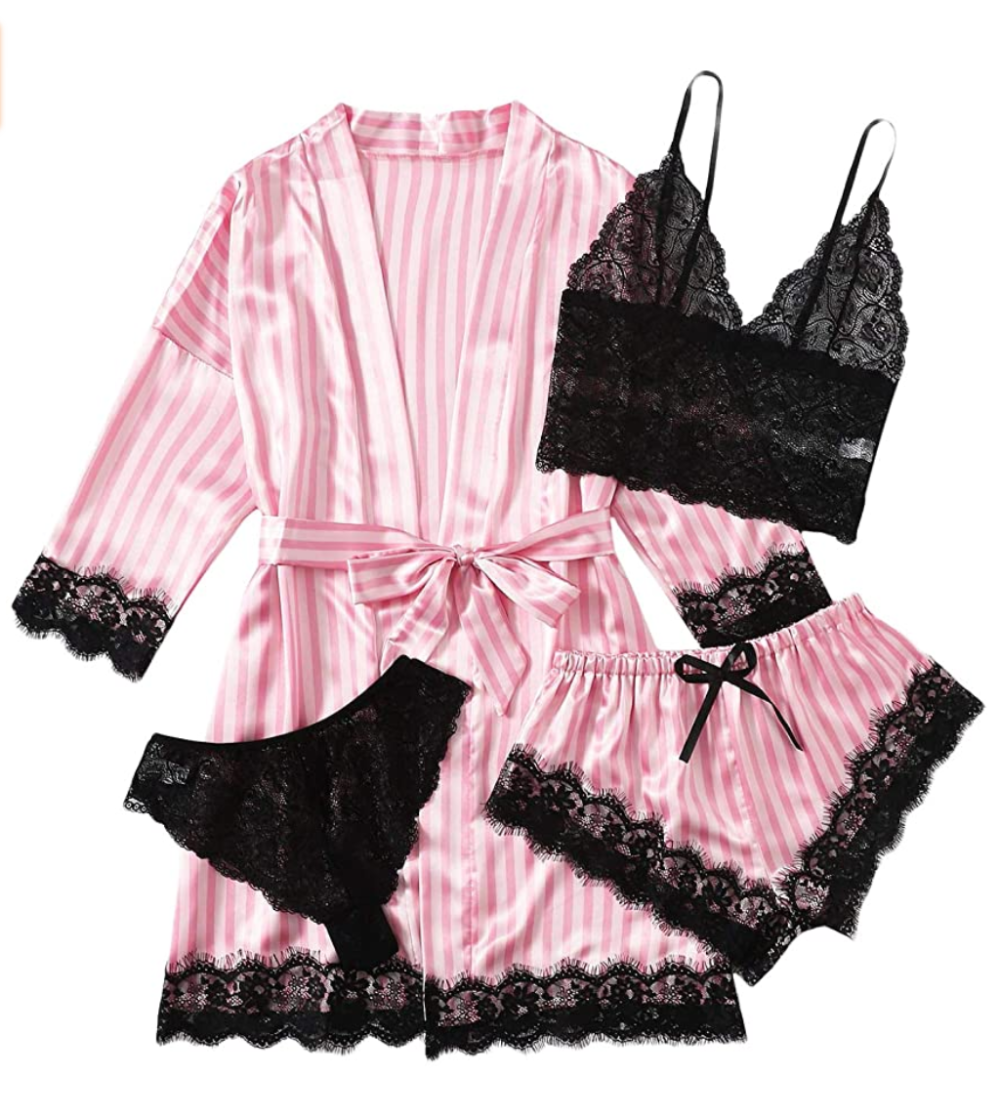 SOLY HUX Women's Sleepwear 4pcs Floral Lace Trim Satin Cami Pajama Set with Robe