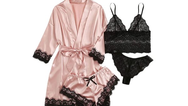 SOLY HUX Women's Sleepwear 4pcs Floral Lace Trim Satin Cami Pajama Set with Robe