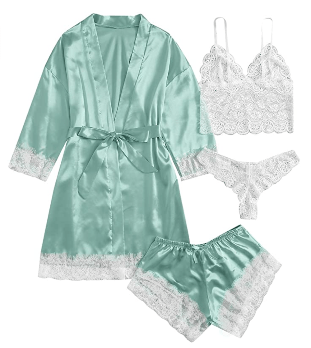 SOLY HUX Women's Sleepwear 4pcs Floral Lace Trim Satin Cami Pajama Set with Robe