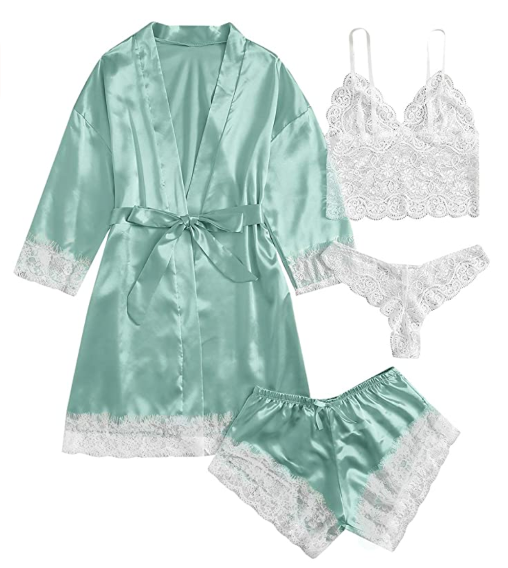 SOLY HUX Women's Sleepwear 4pcs Floral Lace Trim Satin Cami Pajama Set with Robe