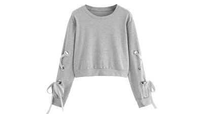 SweatyRocks Women's Casual Lace Up Long Sleeve Pullover Crop Top Sweatshirt