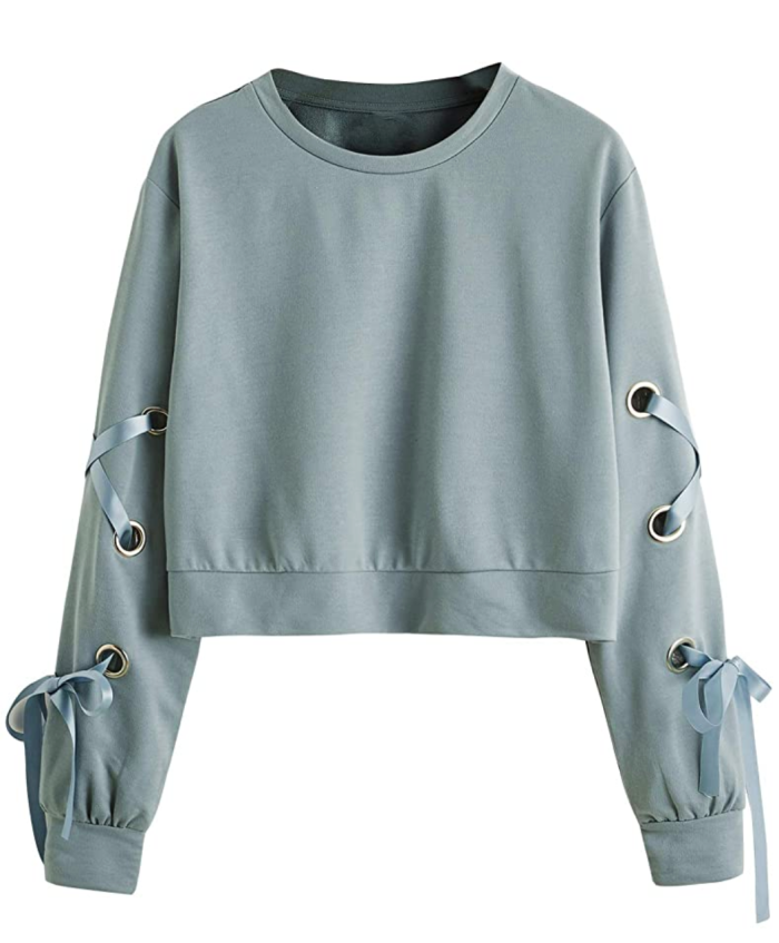 SweatyRocks Women's Casual Lace Up Long Sleeve Pullover Crop Top Sweatshirt