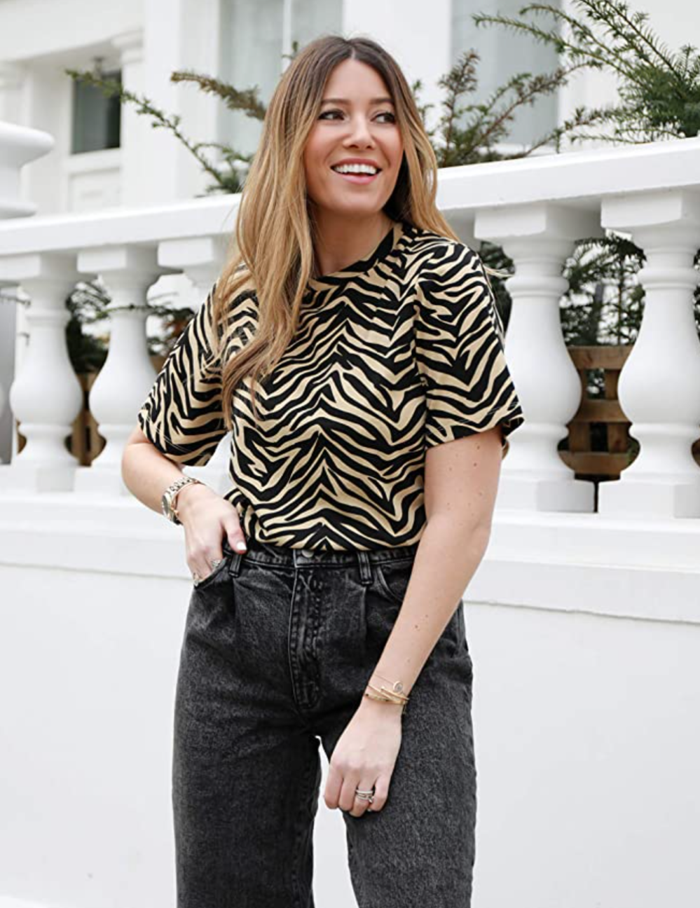 The Drop Women's Zebra Print Padded-Shoulder Crew-Neck Short-Sleeve Tee by @wearetwinset