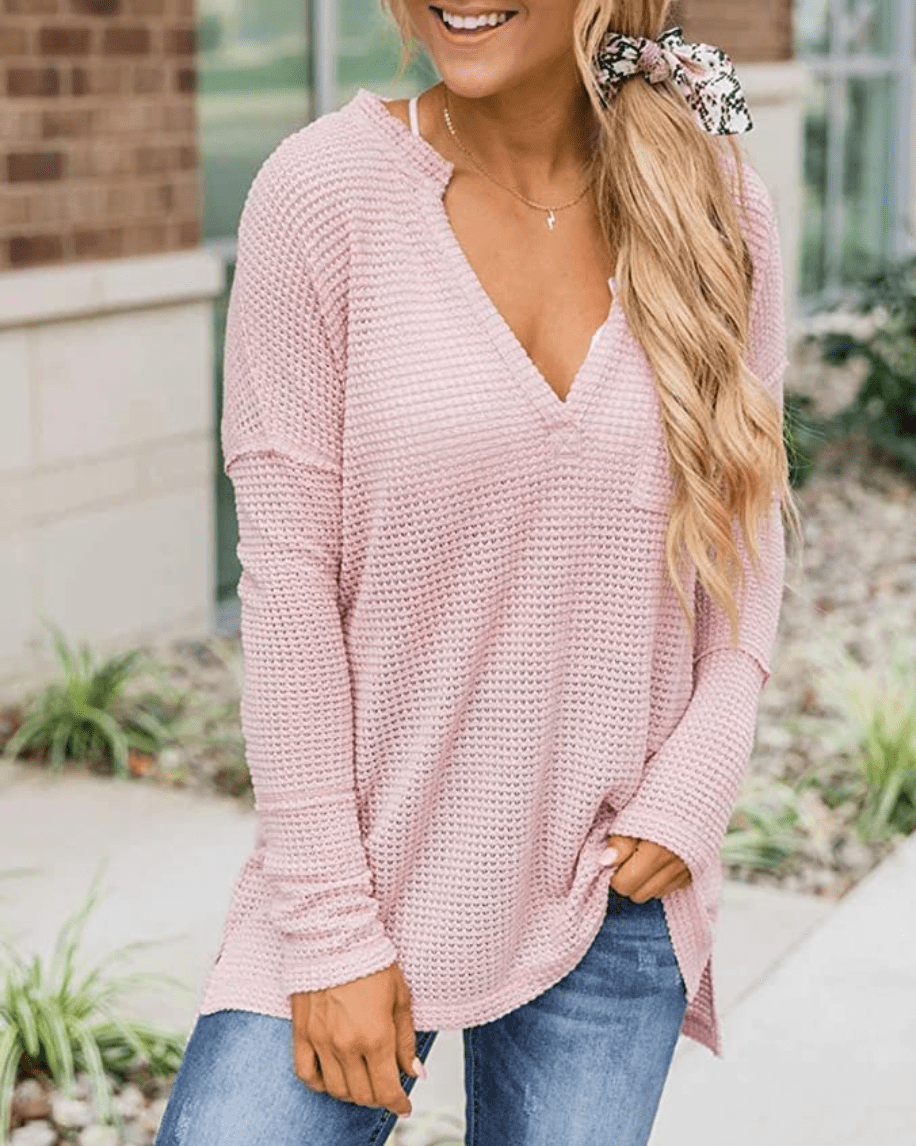 Trendy Queen Women's V Neck Long Sleeve Loose Oversized Waffle Knit Shirt