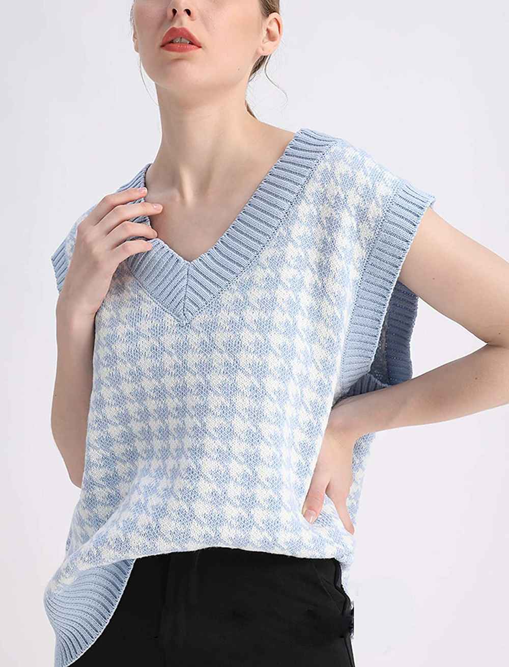SAFRISIOR Oversized Houndstooth Knitted Sweater Vest