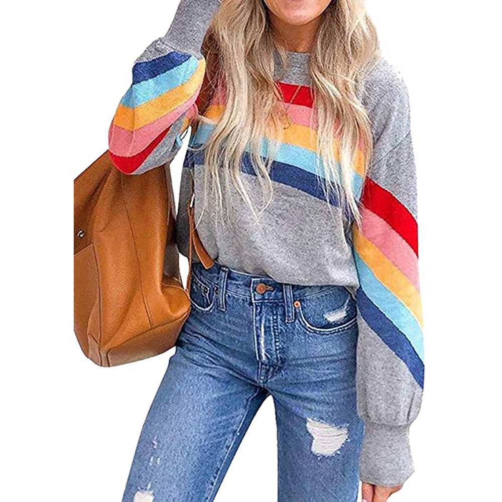 HDLTE Rainbow Striped Color-Block Sweatshirt
