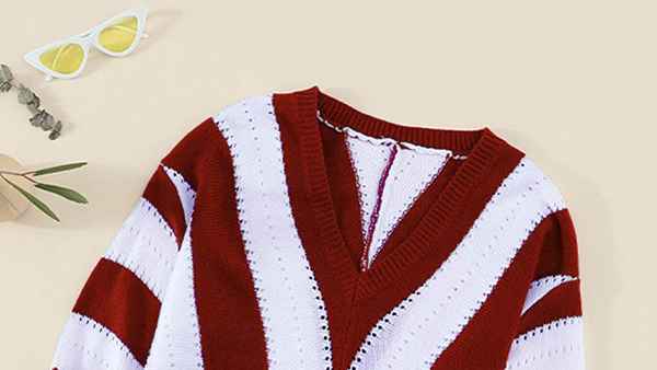 Ecrocoo V Neck Stripe Knitted Chunky Sweater