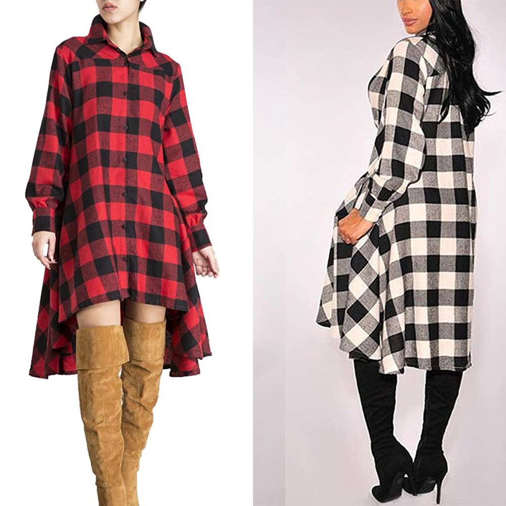 OLRAIN New Plaids Irregular Hem Casual Shirt Dress