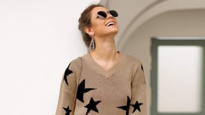 PRETTYGARDEN V-Neck Lantern Long Sleeve Star Sweater