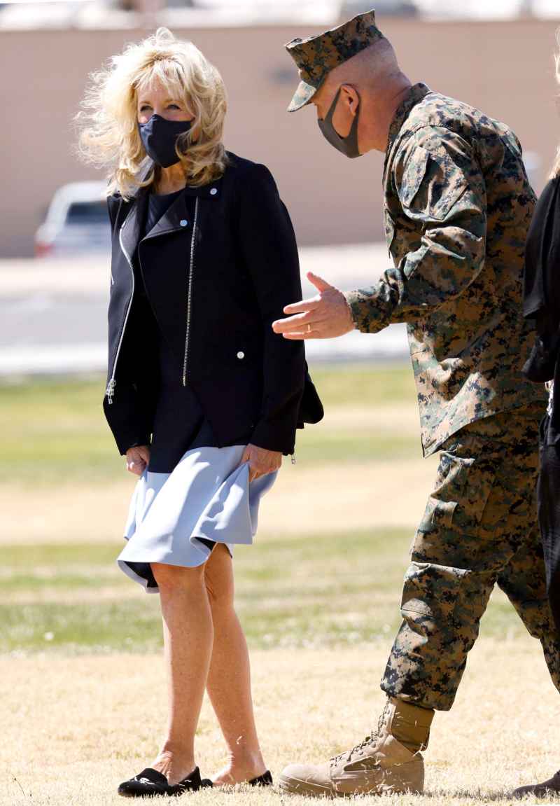 First Lady Jill Biden Brave the Wind Bare-Legged Midi Dress