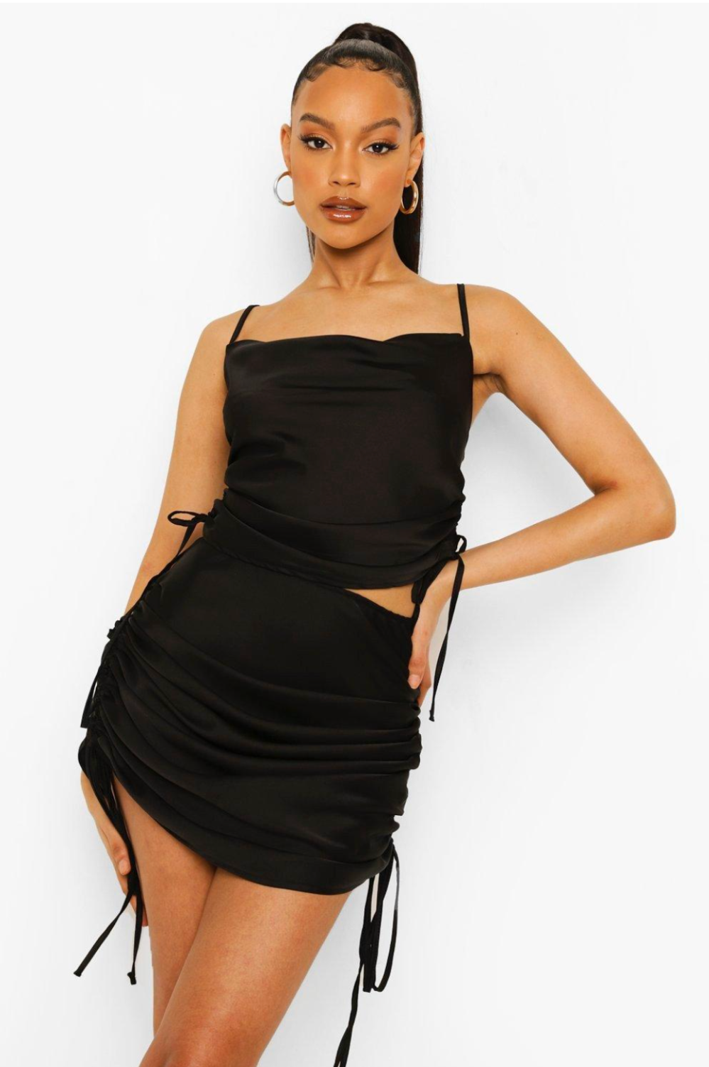Satin Ruched Crop Top And Midi Skirt