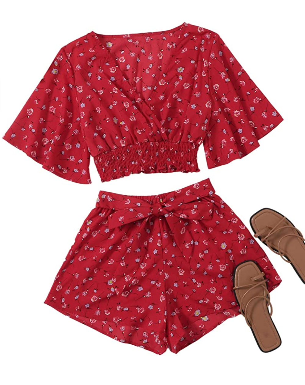 SweatyRocks Women's 2 Piece Boho Butterfly Sleeve Knot Front Crop Top with Shorts Set