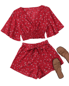 SweatyRocks Women's 2 Piece Boho Butterfly Sleeve Knot Front Crop Top with Shorts Set
