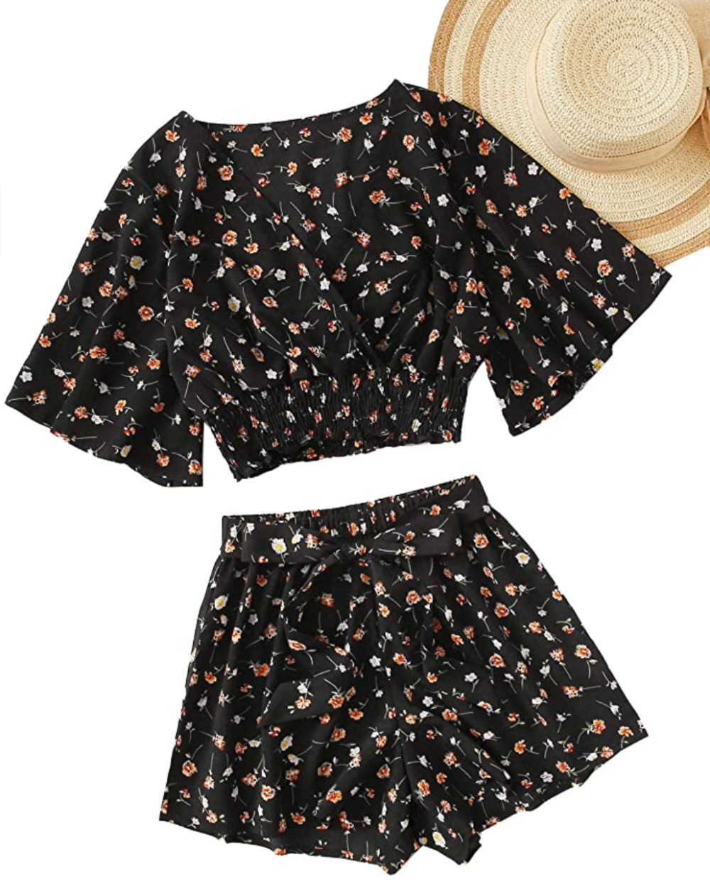 SweatyRocks Women's 2 Piece Boho Butterfly Sleeve Knot Front Crop Top with Shorts Set